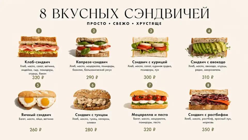 Восемь сэндвичей — шаблон меню-борда, горизонтальная версия 16:9