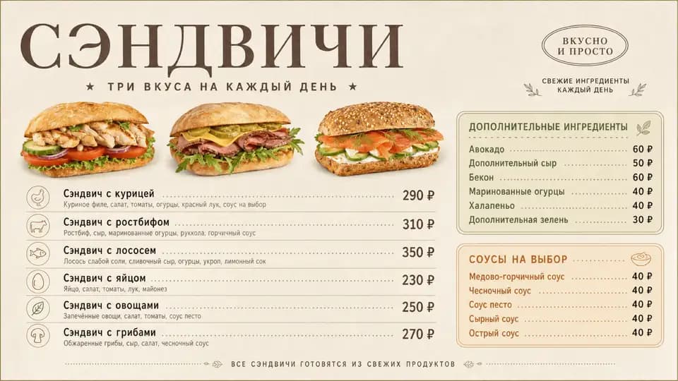 Меню сэндвичей для кафе — шаблон меню-борда, горизонтальная версия 16:9
