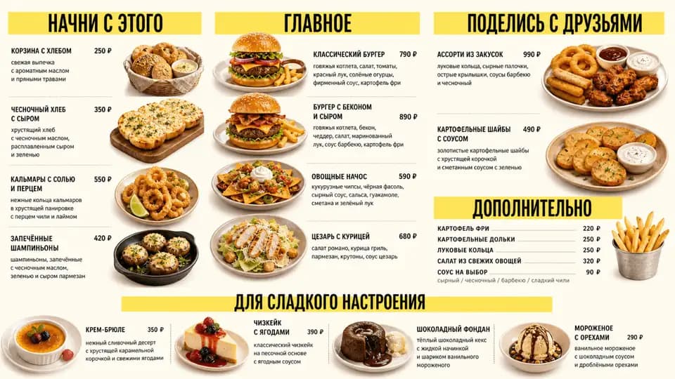 Меню стритфуда — шаблон меню-борда, горизонтальная версия 16:9