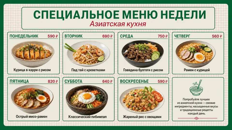 Специальное меню недели — шаблон меню-борда, горизонтальная версия 16:9