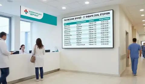 Иллюстрация: расписание приёма врачей на экране у регистратуры