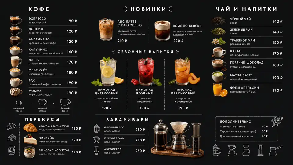 Чёрное меню кофейни — шаблон меню-борда, горизонтальная версия 16:9